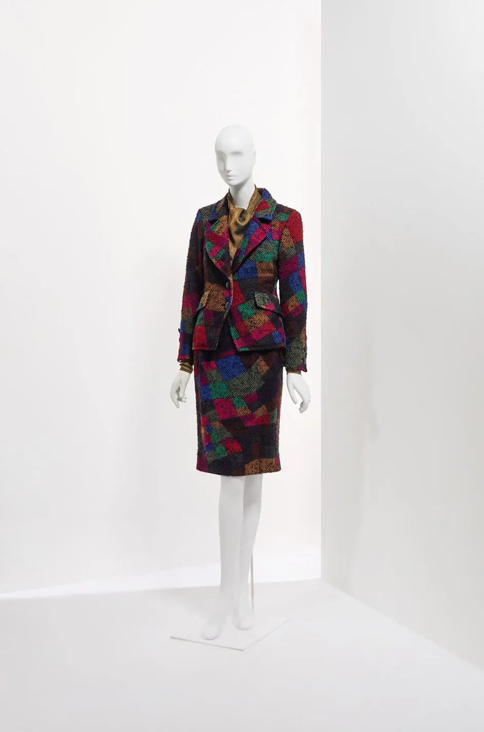 Fall 1991 Ady Couture Lausanne Yves Saint Laurent Haute Couture Copy Wool Patchwork Suit w Silk Top