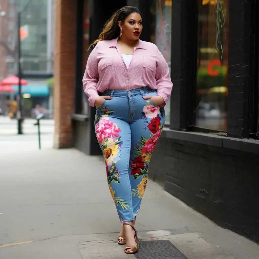 Floral Print Blue Flower Print Jeans