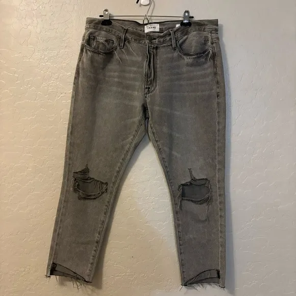 Frame Le Garçon Crop Monsoon Rips Gray Mid Rise Distressed Denim Jeans Size 30