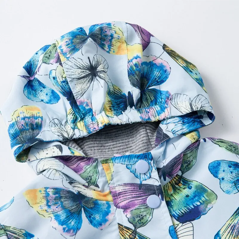 Girls Butterfly Print Double Layer Fleece Lining Jackets - Blue