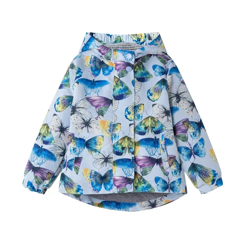 Girls Butterfly Print Double Layer Fleece Lining Jackets - Blue