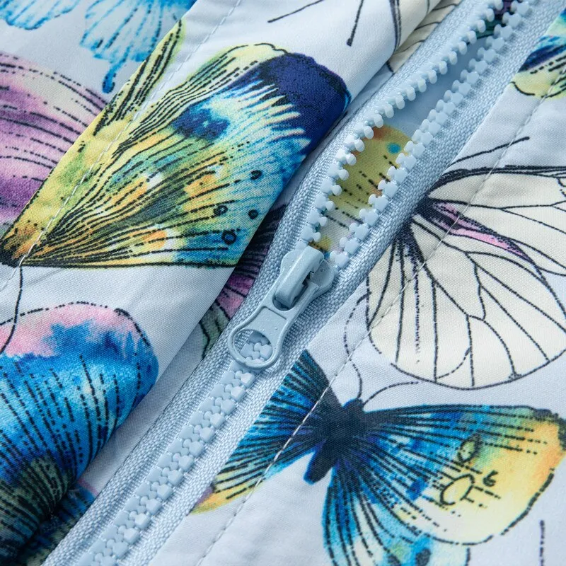 Girls Butterfly Print Double Layer Fleece Lining Jackets - Blue