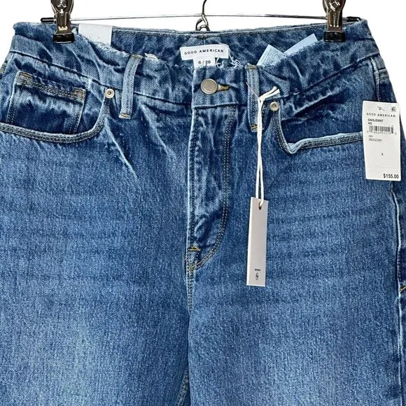 Good American Good 90's Slim Distressed High Rise Straight Leg Indigo061 6 NWT