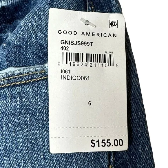 Good American Good 90's Slim Distressed High Rise Straight Leg Indigo061 6 NWT