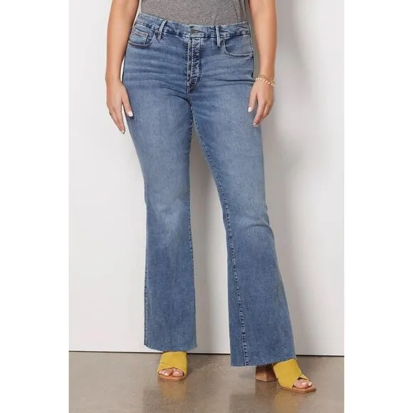 GOOD AMERICAN Good Legs High Rise Flare Raw Hem Distressed Button Fly Jeans