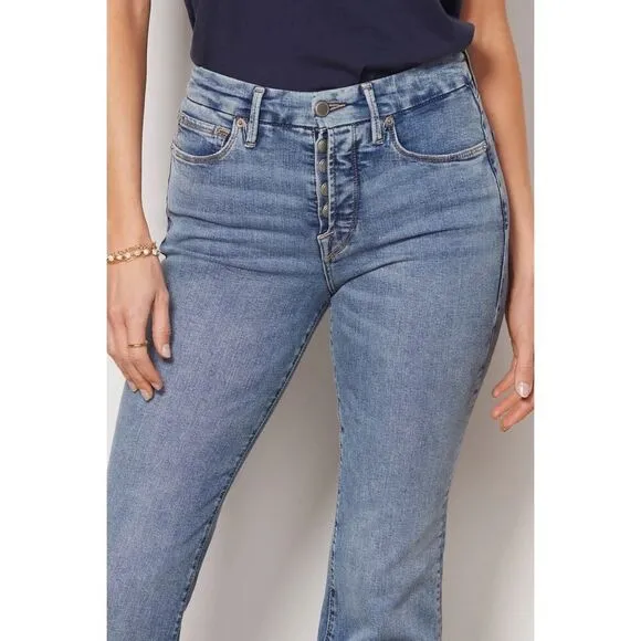 GOOD AMERICAN Good Legs High Rise Flare Raw Hem Distressed Button Fly Jeans