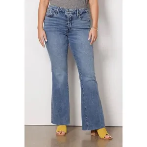 GOOD AMERICAN Good Legs High Rise Flare Raw Hem Distressed Button Fly Jeans