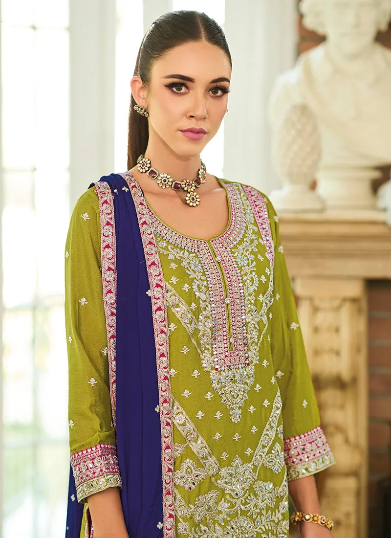 Green And Pink Multicolored Embroidery Palazzo Style Suit