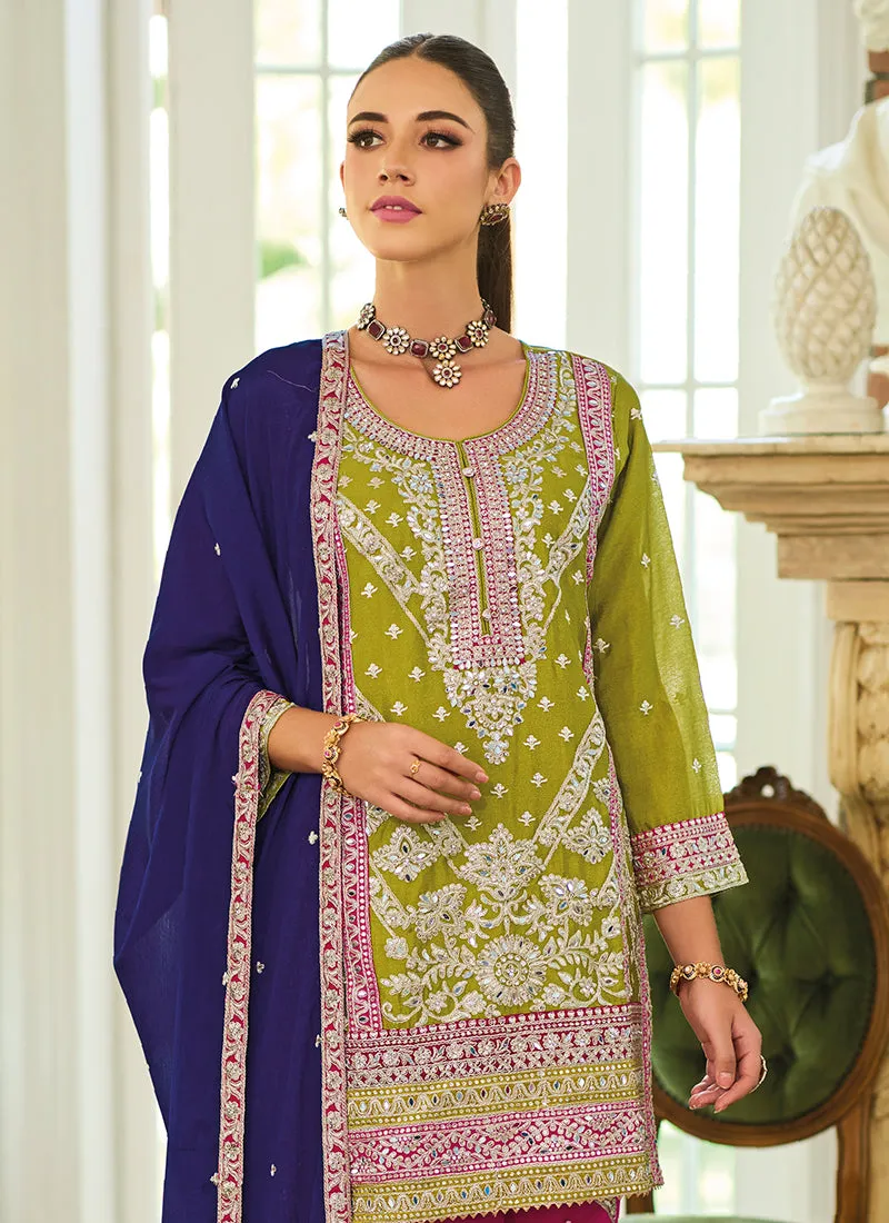 Green And Pink Multicolored Embroidery Palazzo Style Suit