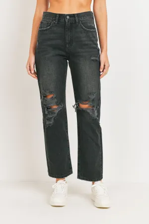 High Rise Distressed Dad Jean - Black