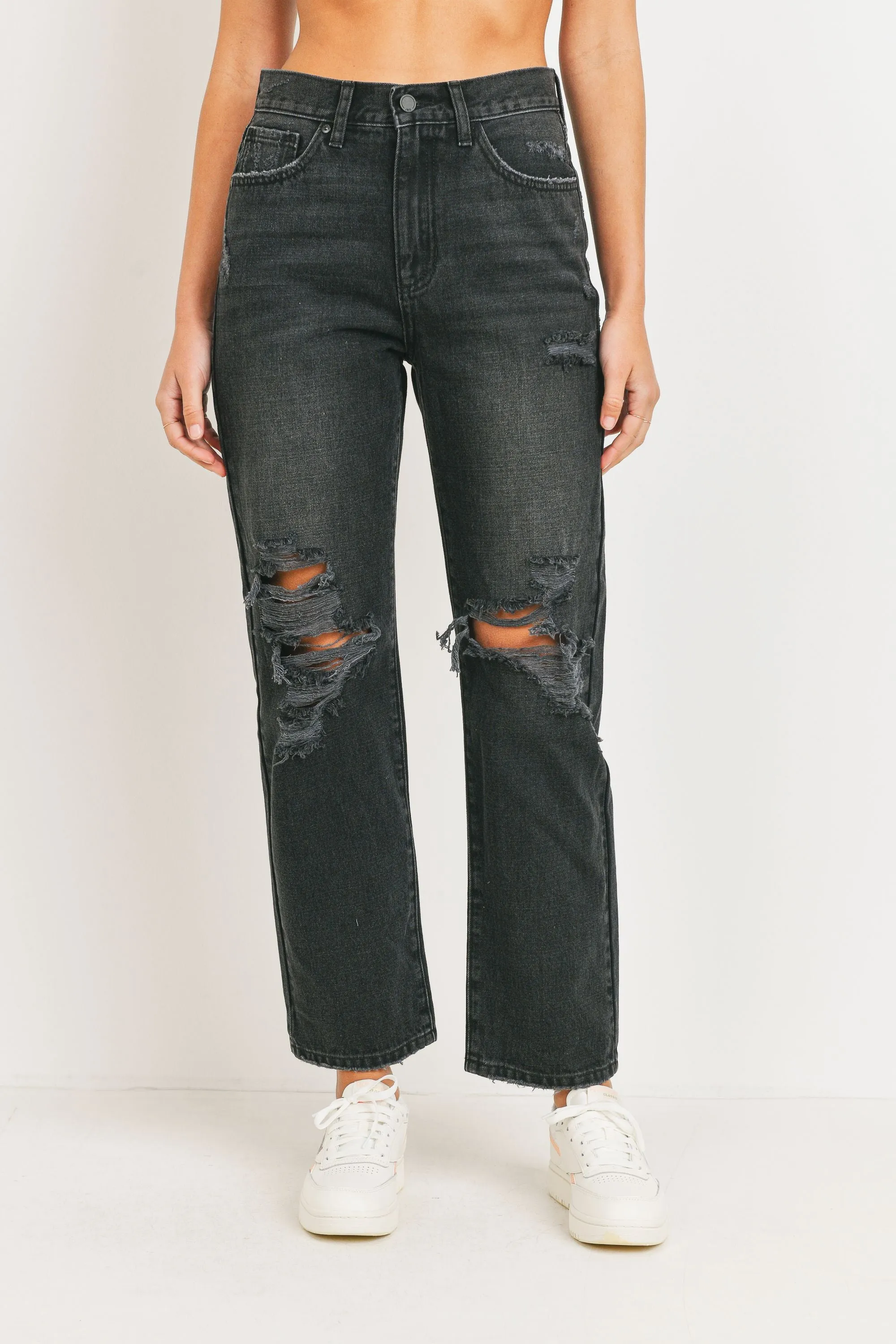 High Rise Distressed Dad Jean - Black