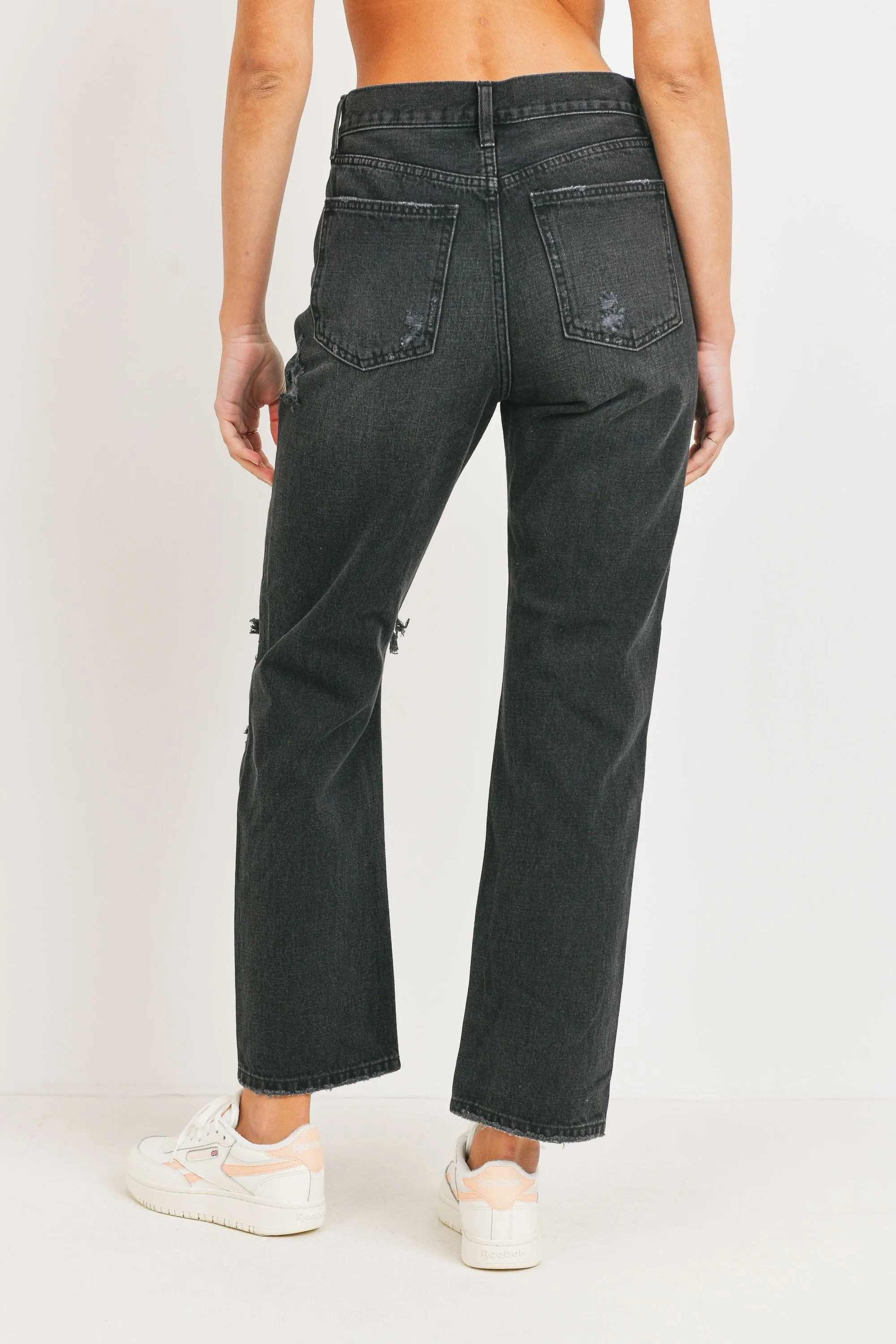 High Rise Distressed Dad Jean - Black