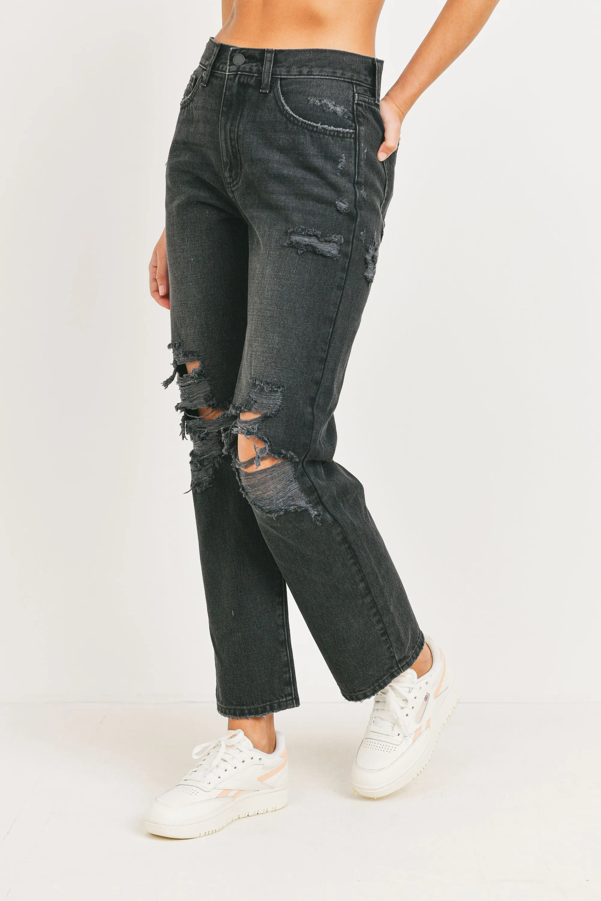 High Rise Distressed Dad Jean - Black