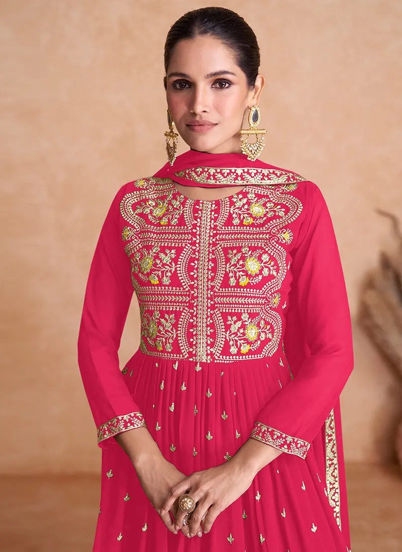 Hot Pink Multi Embroidered Wedding Anarkali Lehenga Suit