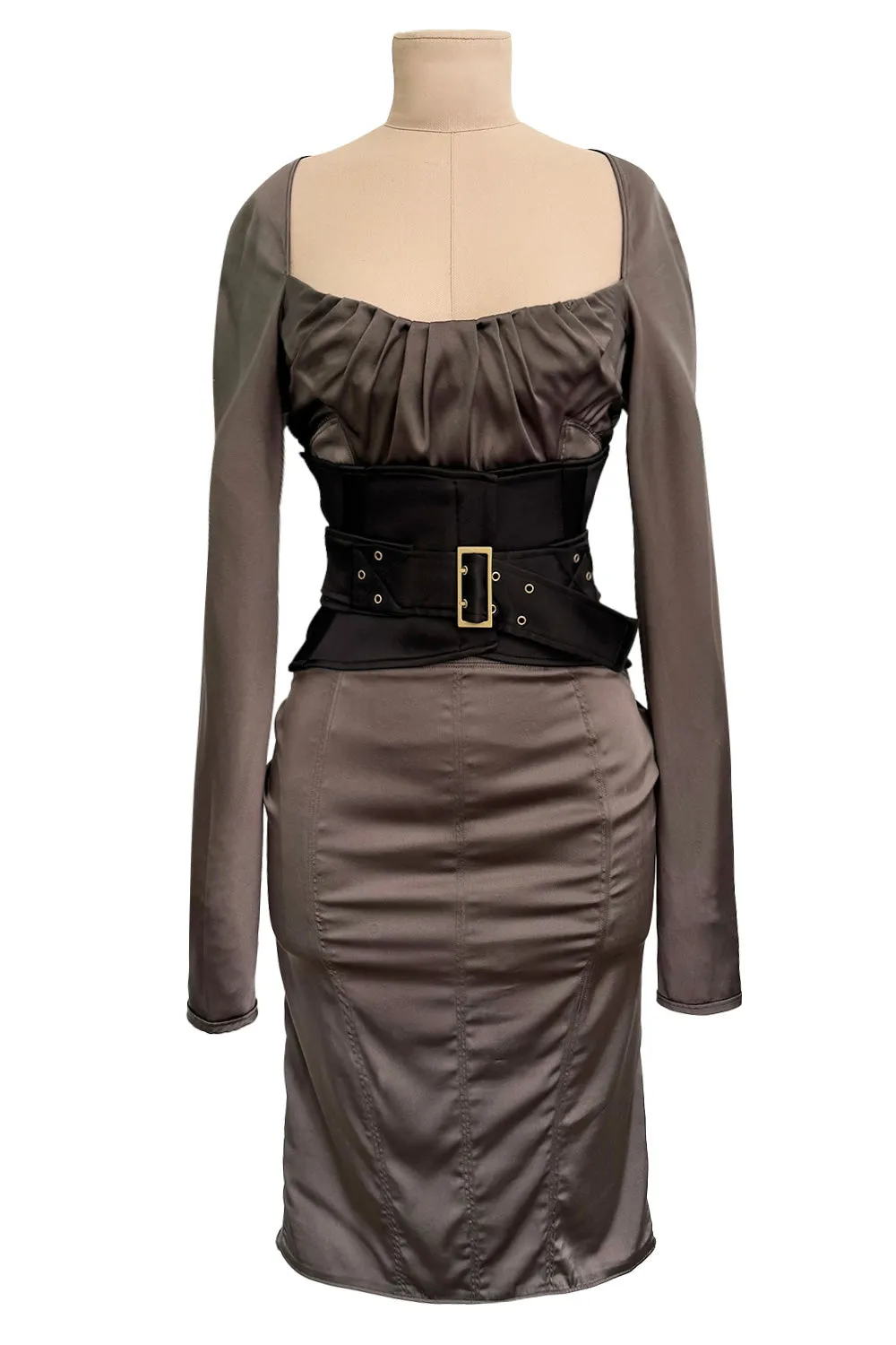 Important Fall 2003 Gucci by Tom Ford Runway Look 10 Stretch Silk Dress w Black Corset Waist Cincher Belt