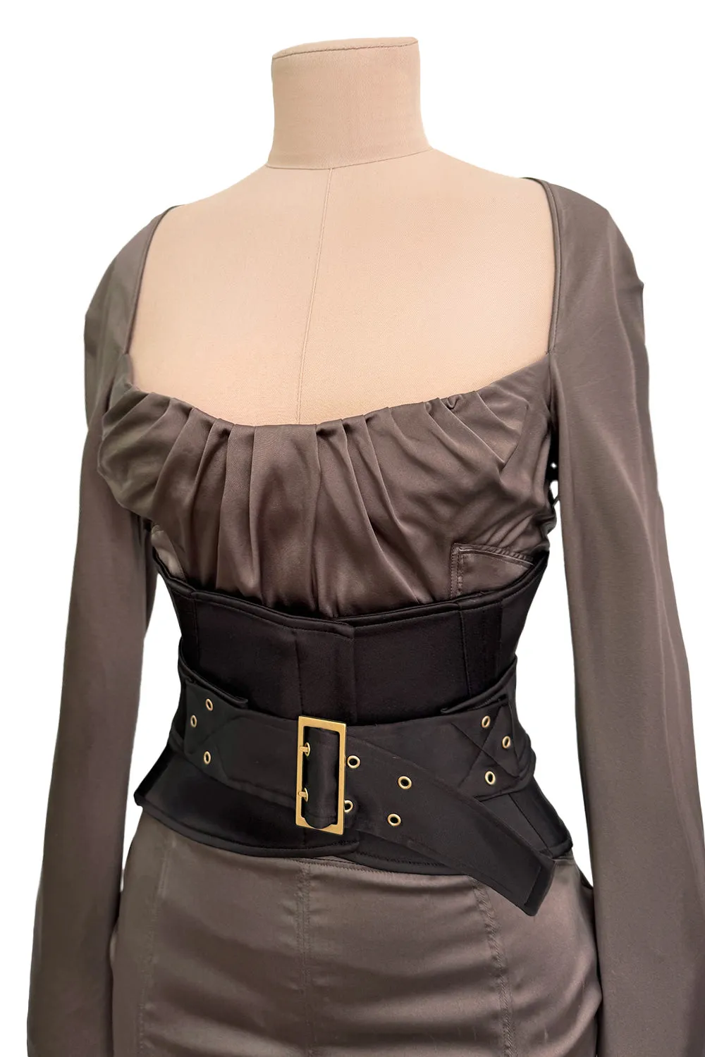 Important Fall 2003 Gucci by Tom Ford Runway Look 10 Stretch Silk Dress w Black Corset Waist Cincher Belt