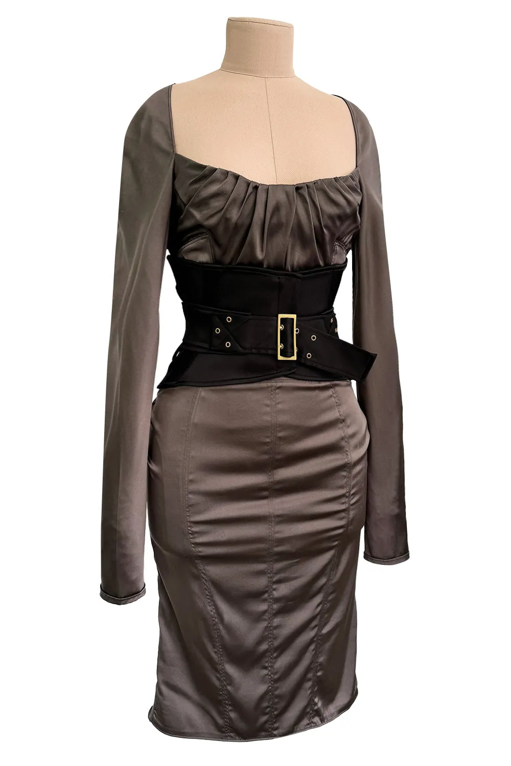 Important Fall 2003 Gucci by Tom Ford Runway Look 10 Stretch Silk Dress w Black Corset Waist Cincher Belt