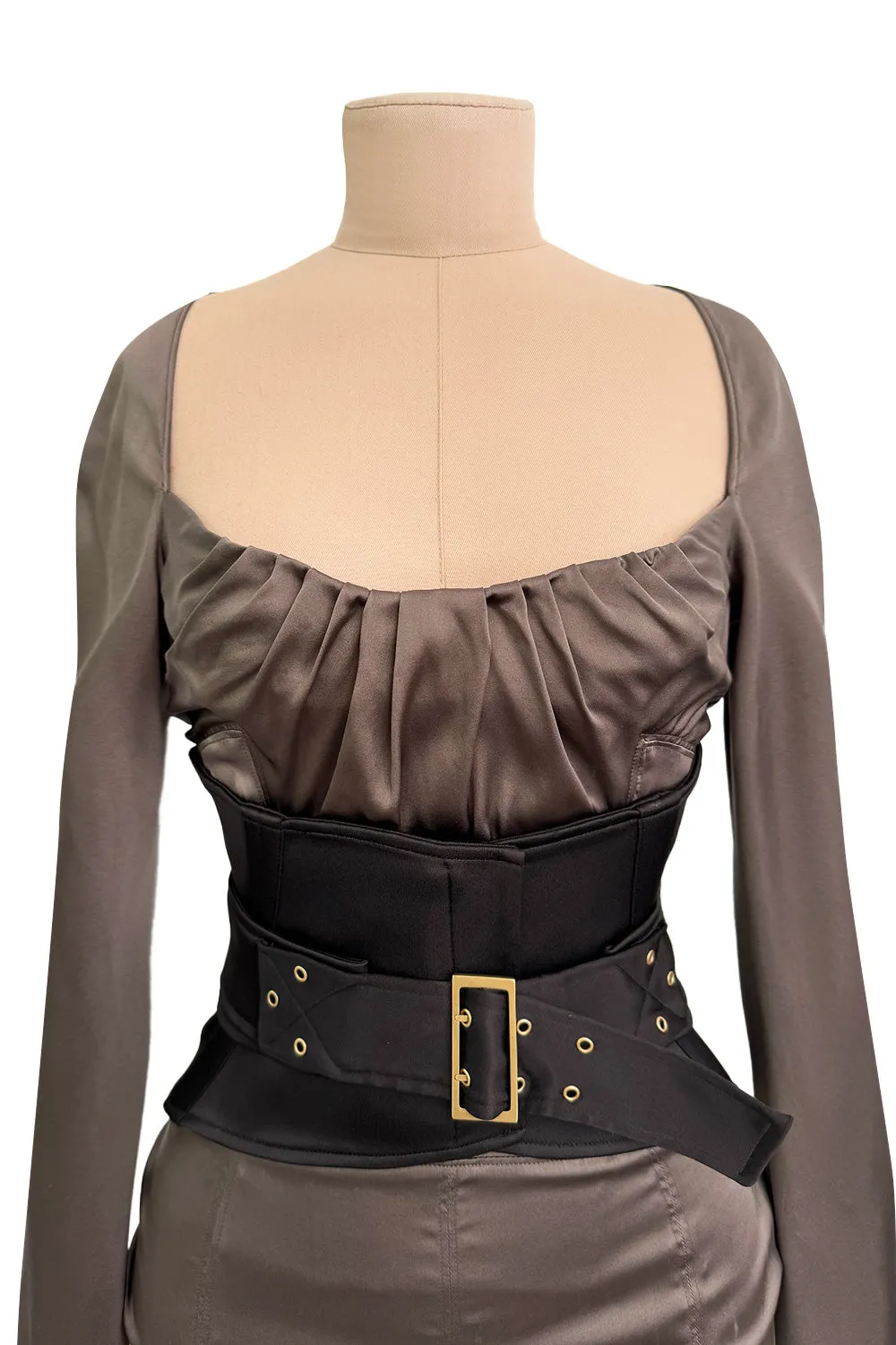 Important Fall 2003 Gucci by Tom Ford Runway Look 10 Stretch Silk Dress w Black Corset Waist Cincher Belt