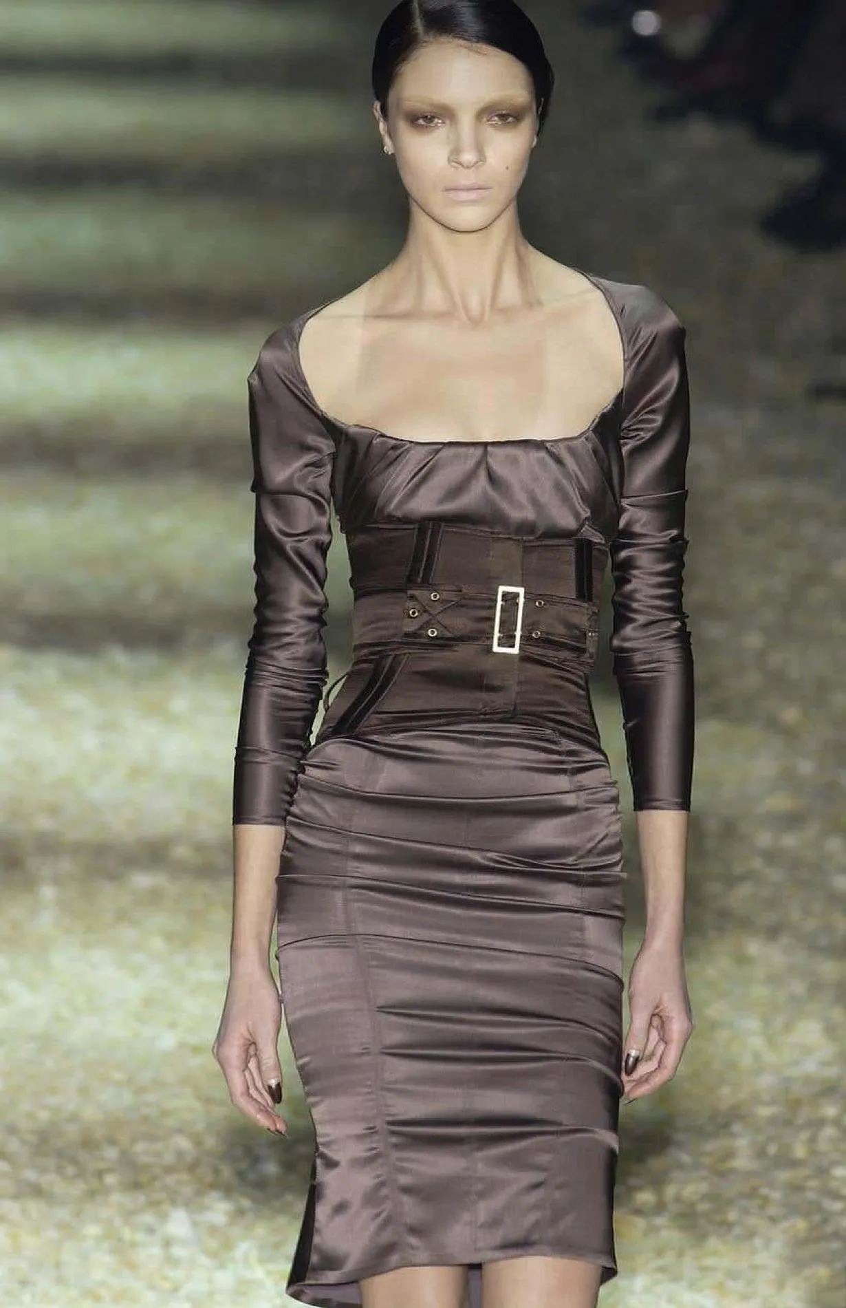 Important Fall 2003 Gucci by Tom Ford Runway Look 10 Stretch Silk Dress w Black Corset Waist Cincher Belt