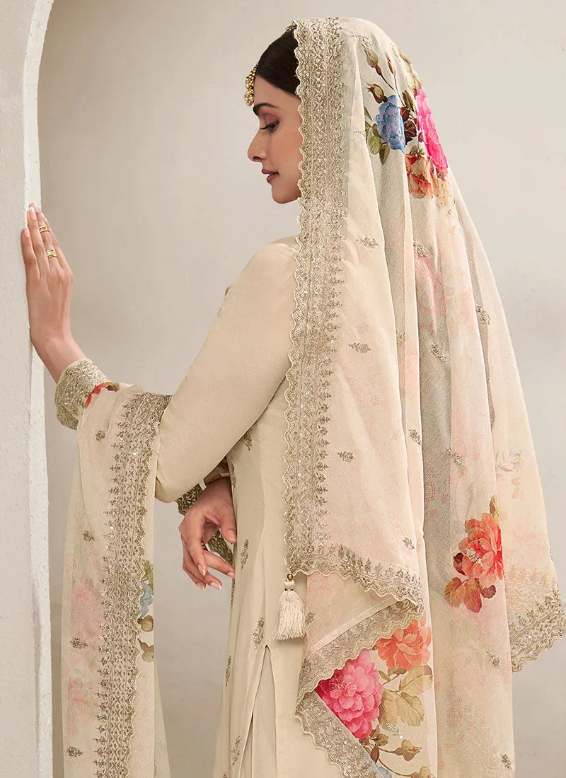 Ivory White Traditional Sequence Embroidery Sharara Style Suit