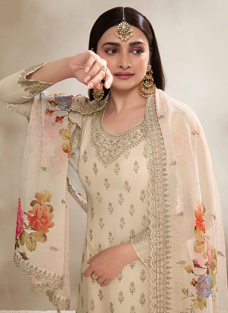 Ivory White Traditional Sequence Embroidery Sharara Style Suit