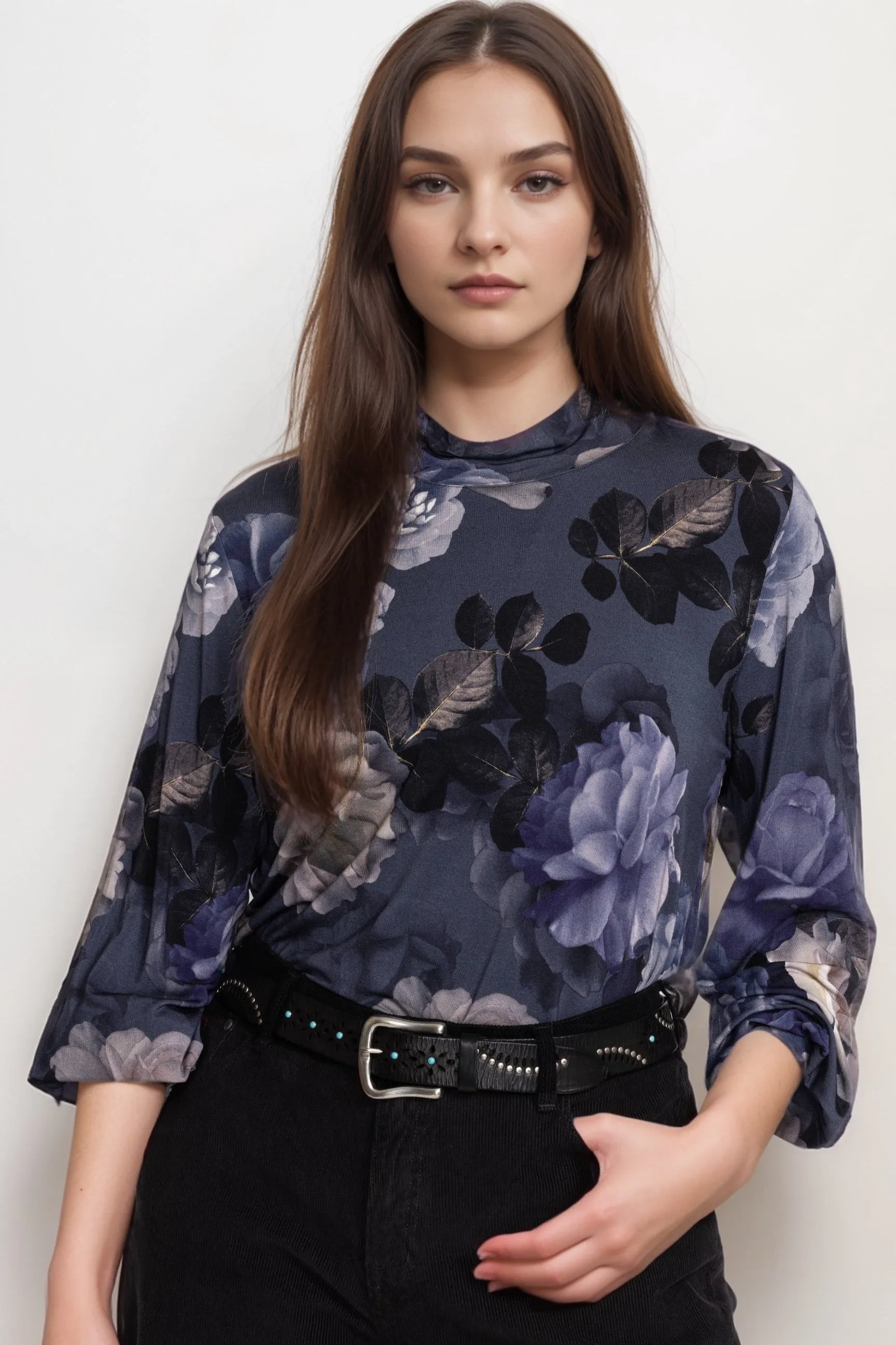 Johnny Was Grey Peony Puff Sleeve Mock Neck Top T16023-OX Plus Size