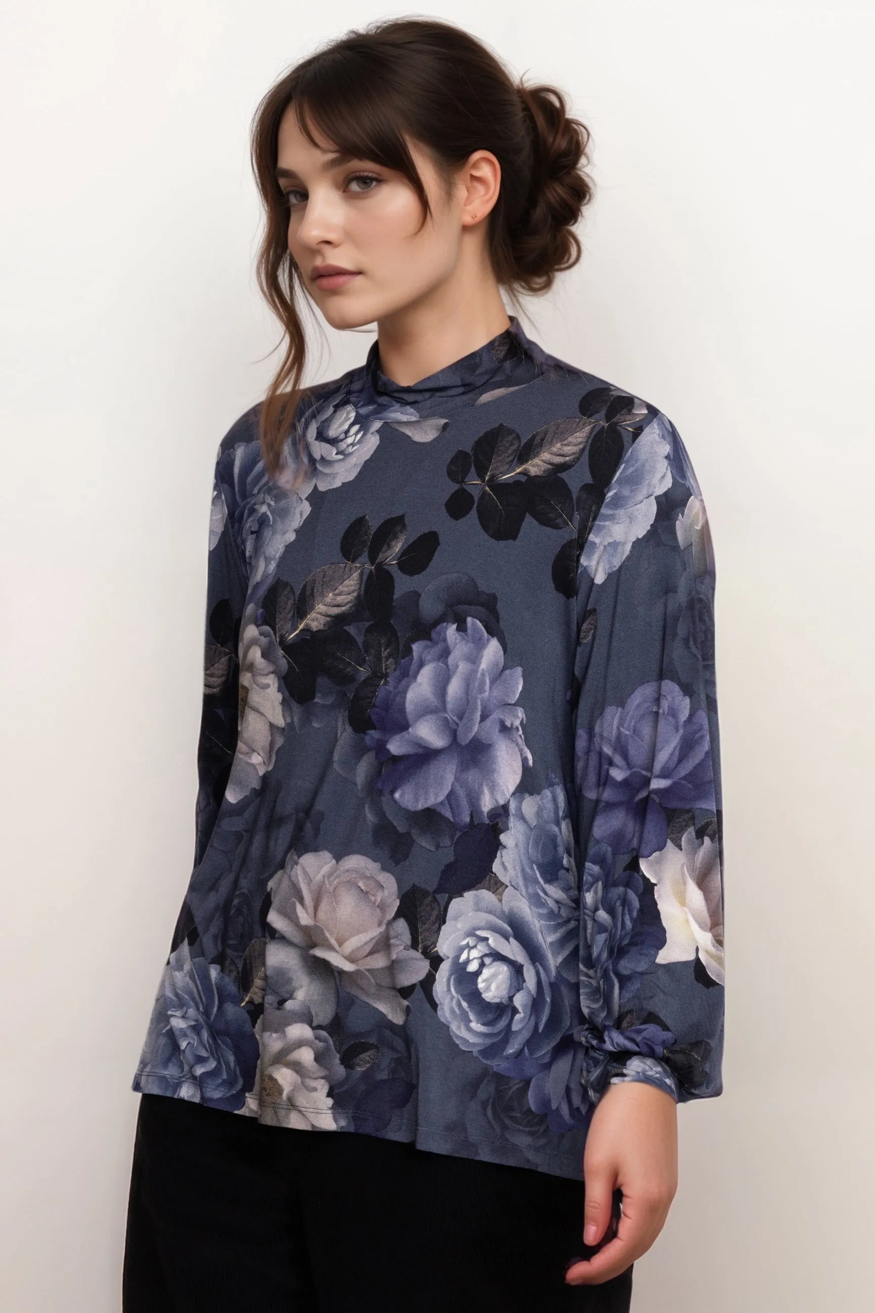 Johnny Was Grey Peony Puff Sleeve Mock Neck Top T16023-OX Plus Size