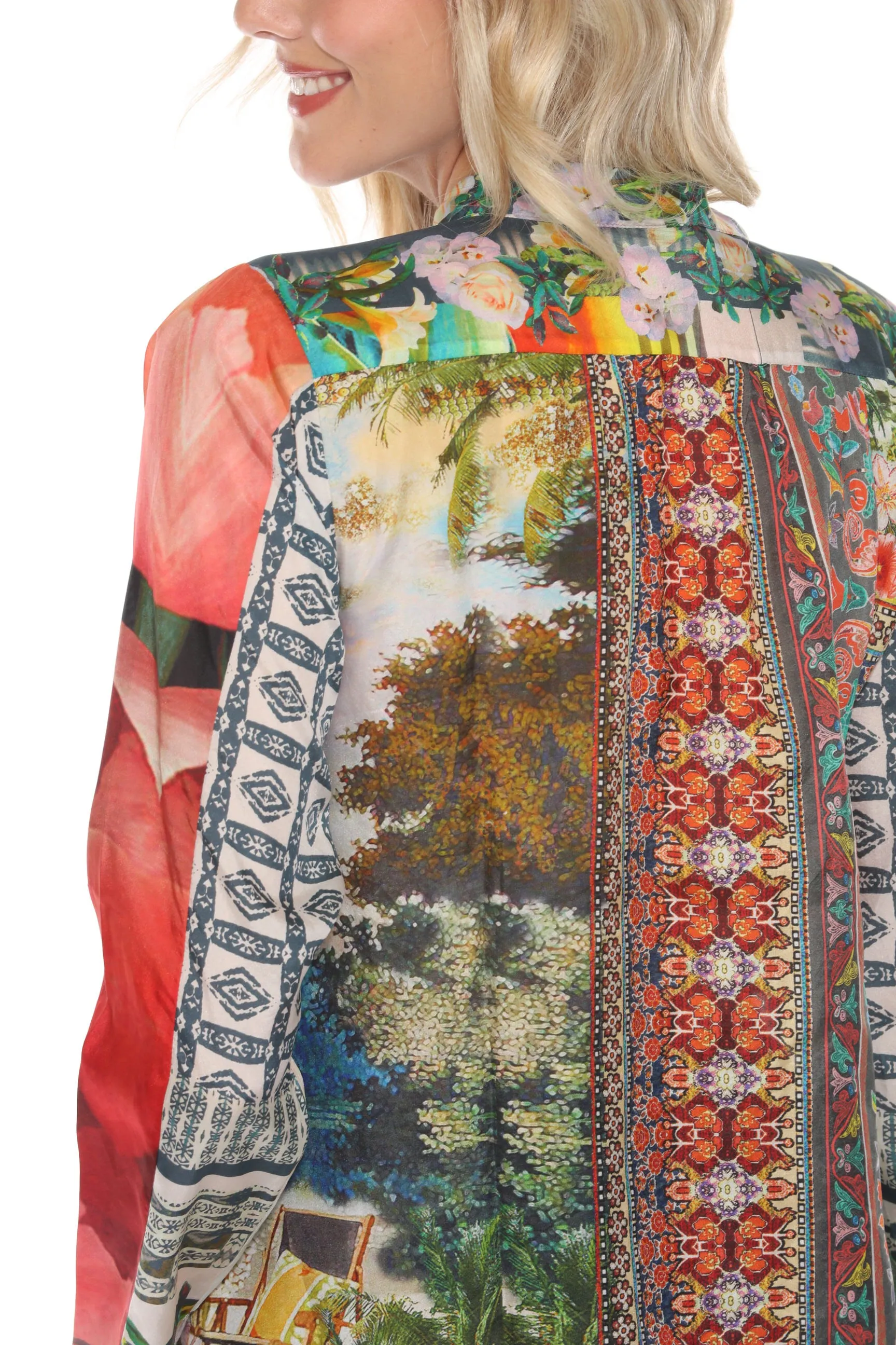 Johnny Was Silk Printed Button-Down Long Sleeve Shirt C99924