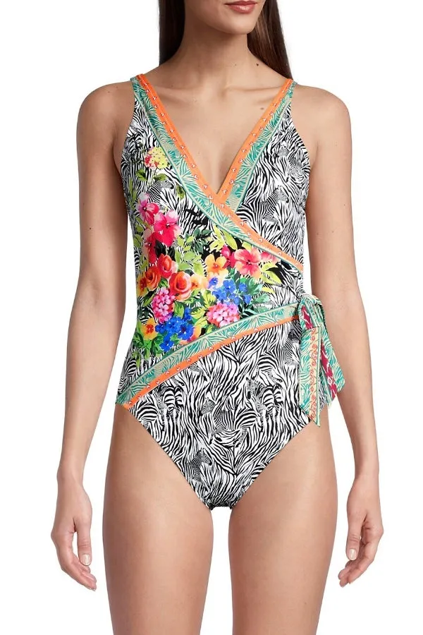 Johnny Was Zebra Wrap One Piece Swimsuit Boho Chic CSW7222
