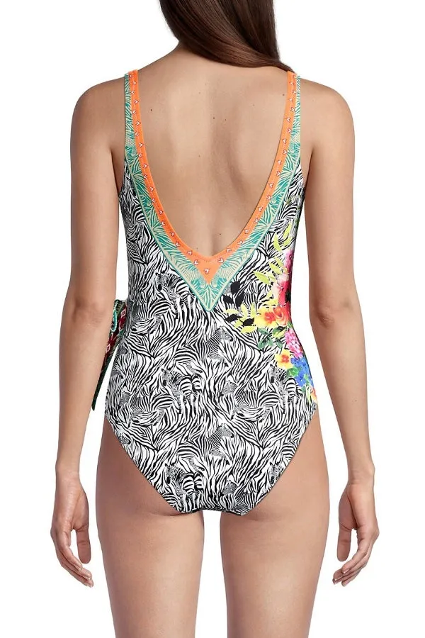 Johnny Was Zebra Wrap One Piece Swimsuit Boho Chic CSW7222