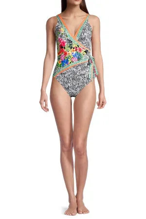 Johnny Was Zebra Wrap One Piece Swimsuit Boho Chic CSW7222