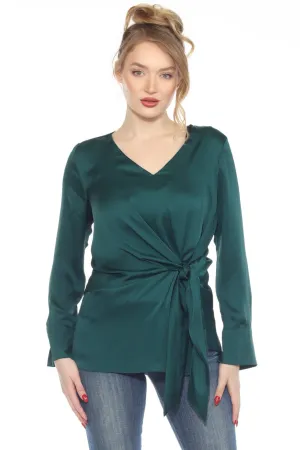 Joseph Ribkoff Absolute Green Side Knot Long Sleeve Satin Tunic Top 244165