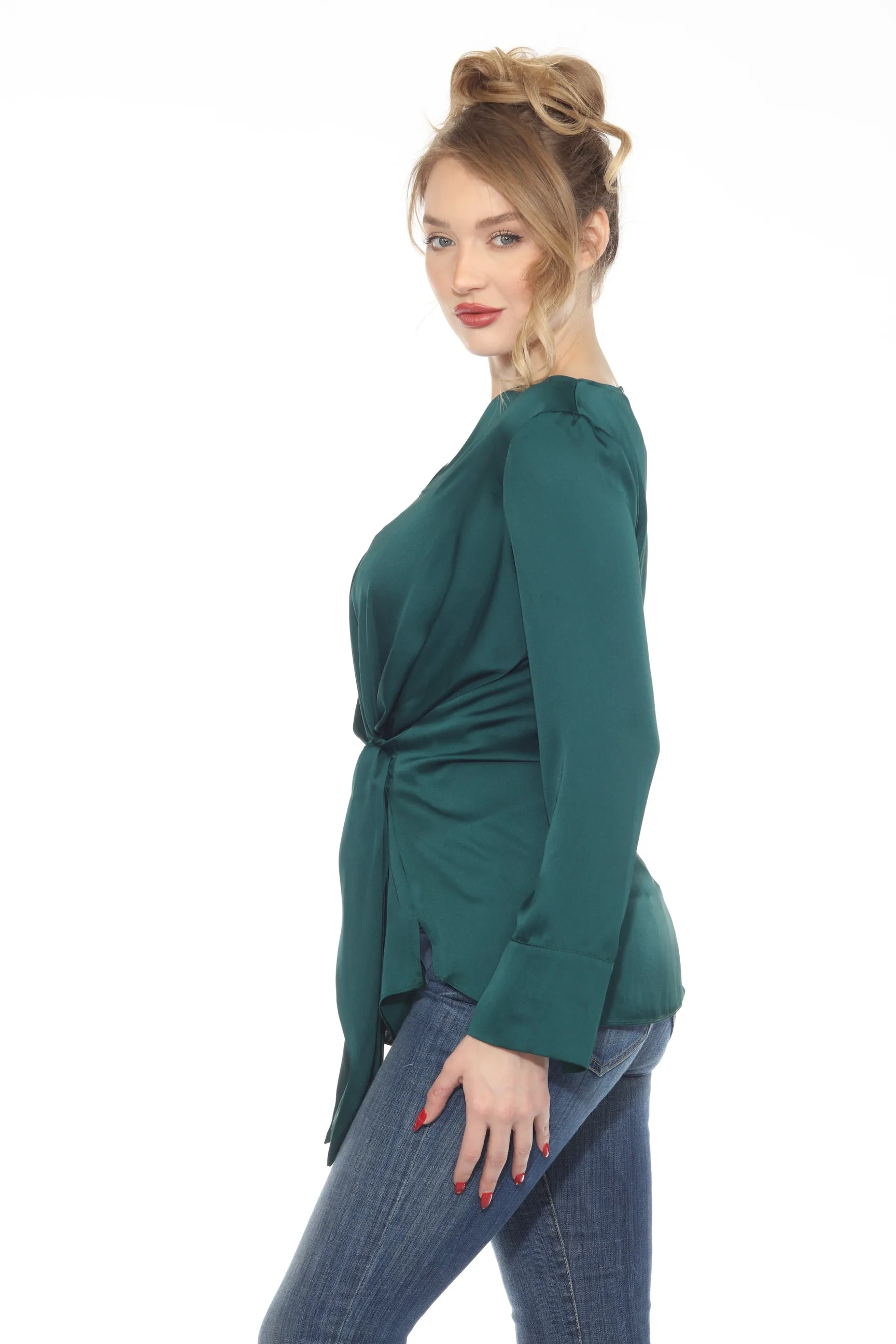 Joseph Ribkoff Absolute Green Side Knot Long Sleeve Satin Tunic Top 244165