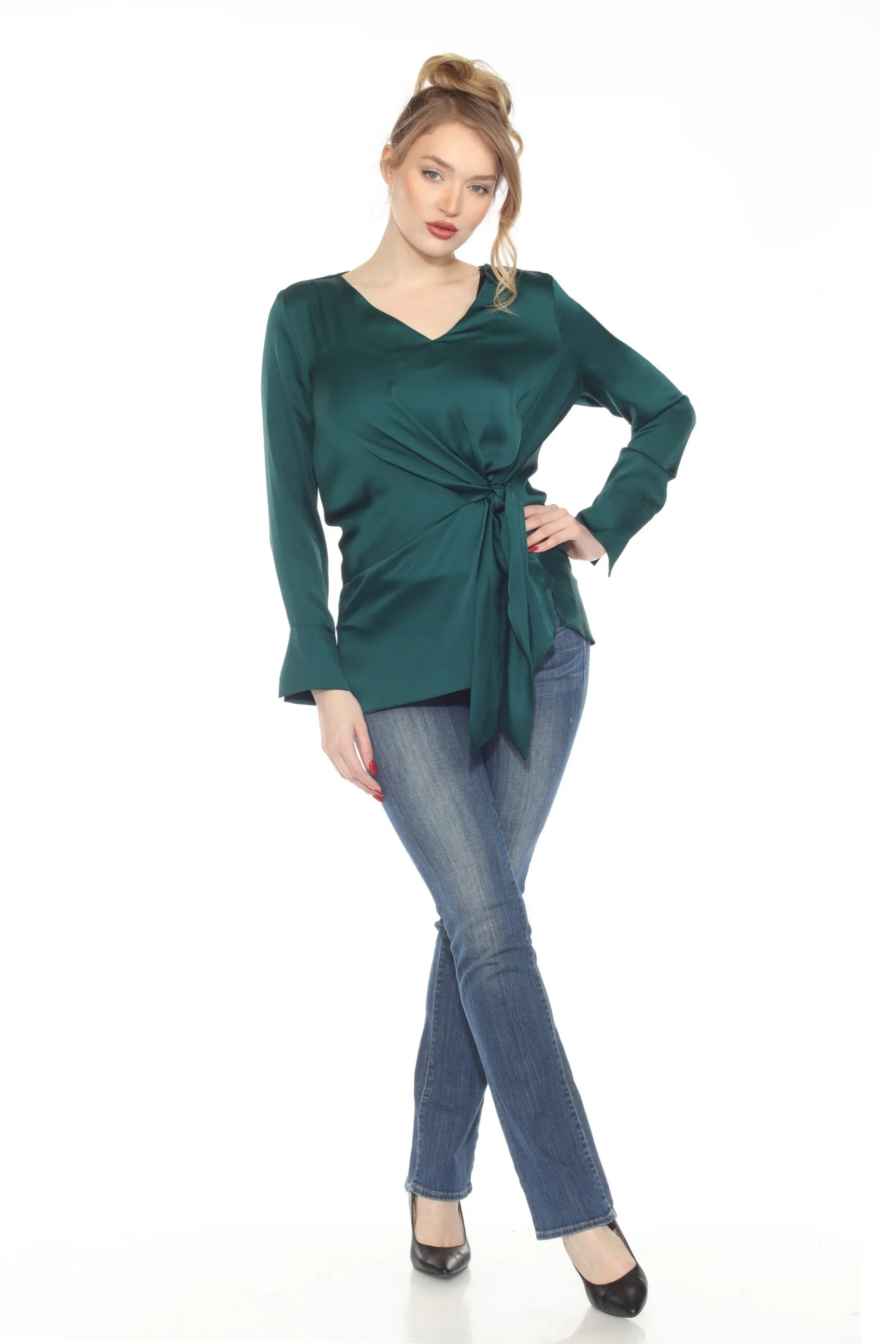 Joseph Ribkoff Absolute Green Side Knot Long Sleeve Satin Tunic Top 244165