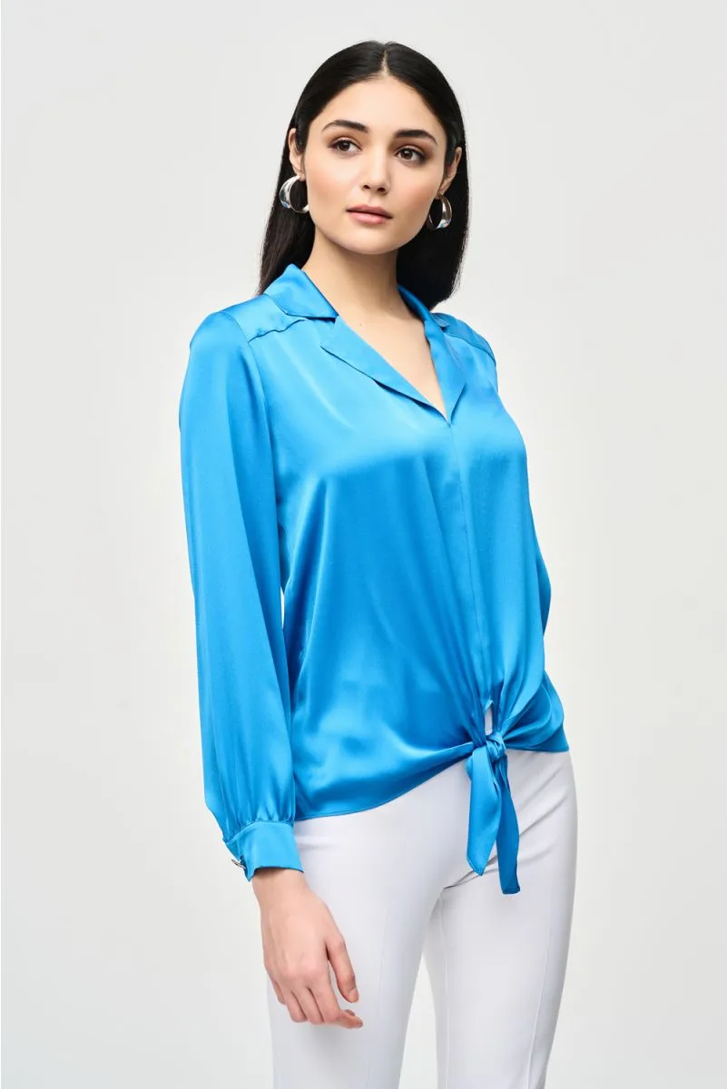 Joseph Ribkoff Tie-Front Long Puff Sleeve Satin Blouse 241214