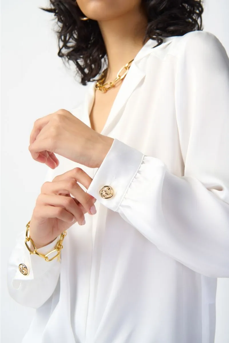 Joseph Ribkoff Tie-Front Long Puff Sleeve Satin Blouse 241214