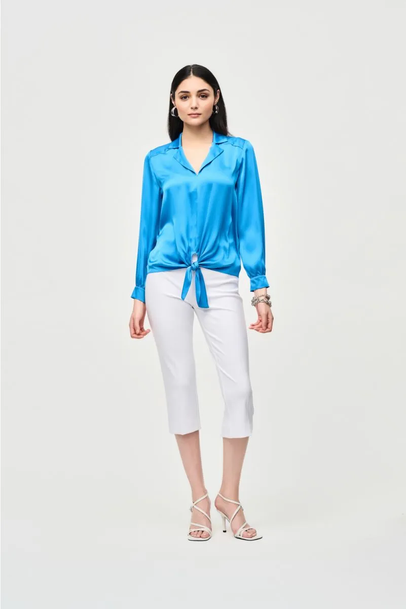 Joseph Ribkoff Tie-Front Long Puff Sleeve Satin Blouse 241214