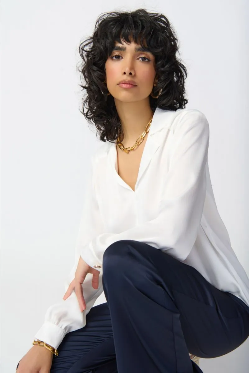 Joseph Ribkoff Tie-Front Long Puff Sleeve Satin Blouse 241214