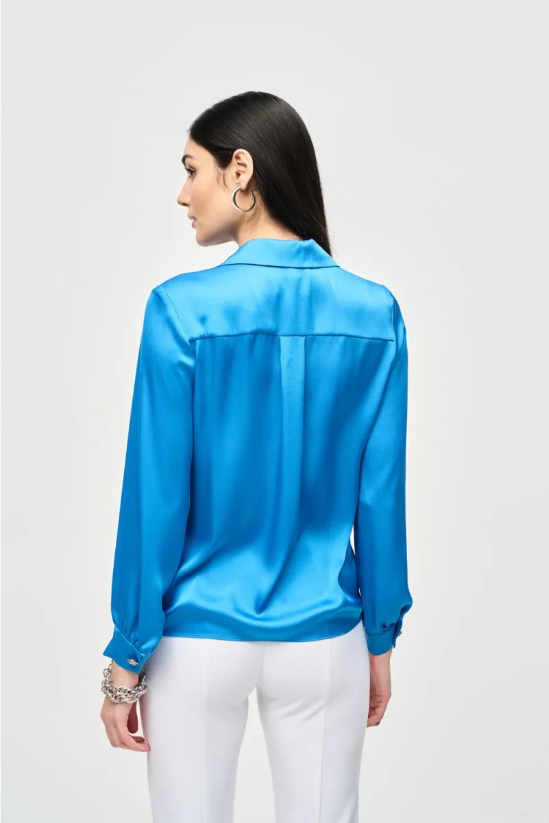 Joseph Ribkoff Tie-Front Long Puff Sleeve Satin Blouse 241214