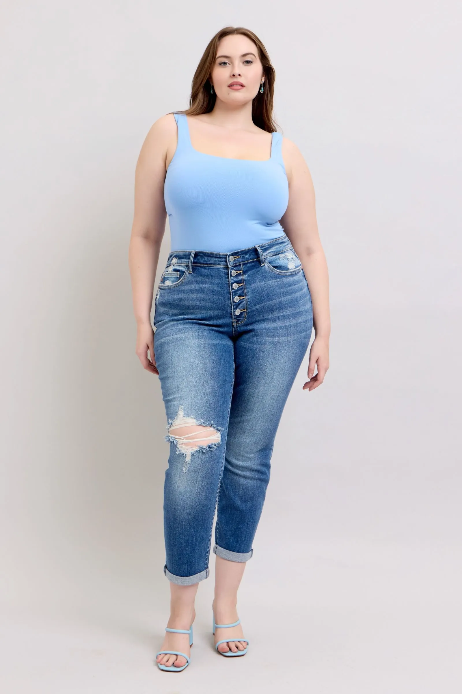 Judy Blue Button Fly Distressed Jeans with Pockets