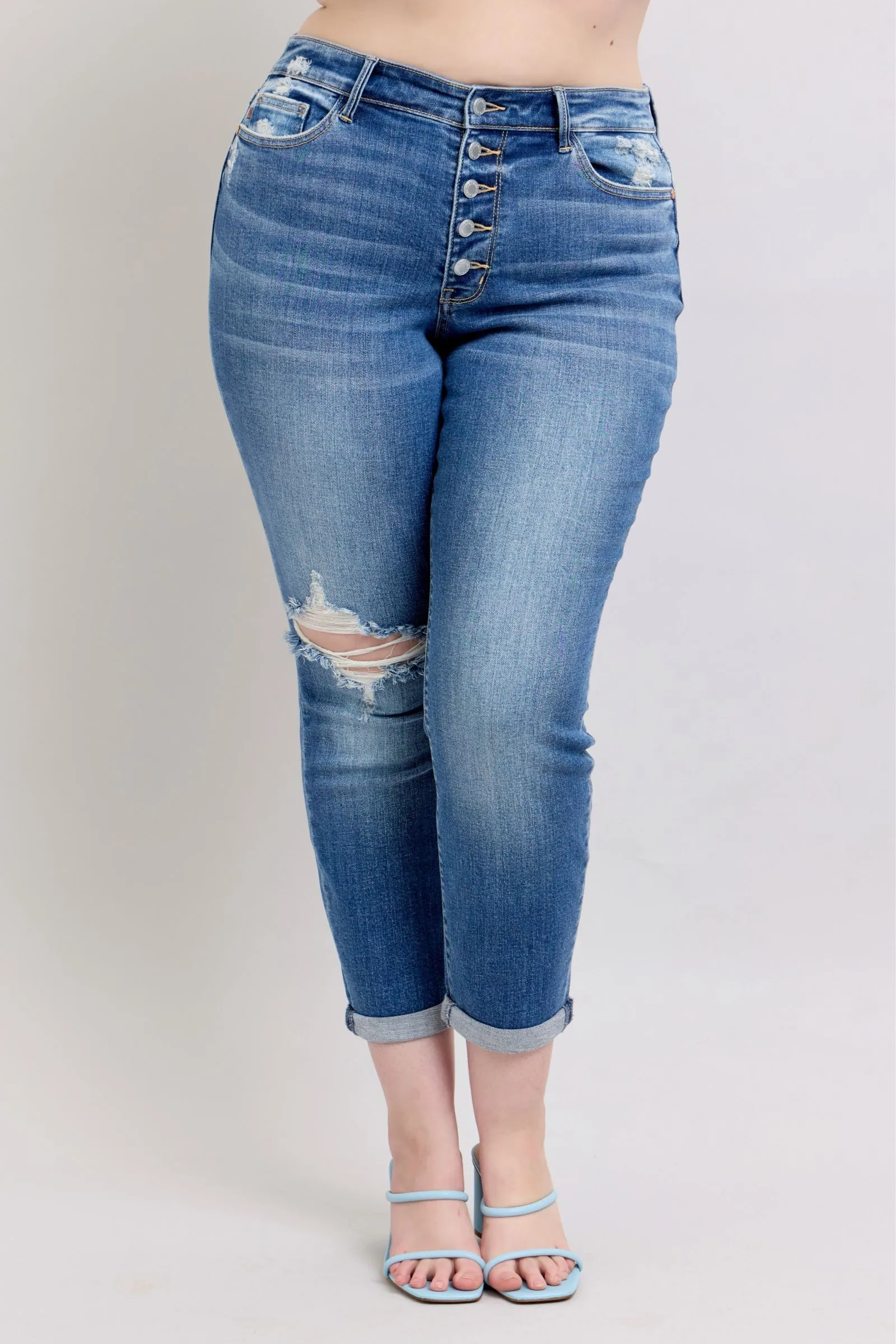 Judy Blue Button Fly Distressed Jeans with Pockets