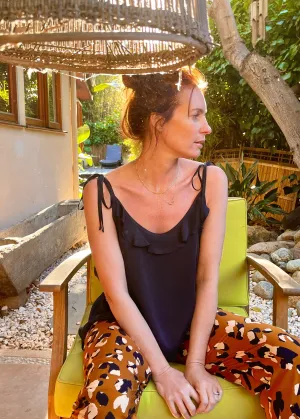 June Ruffle Tank in Black Charmeuse Silk