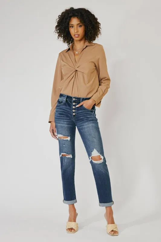 KanCan High Rise Button Down Girlfriend Jeans
