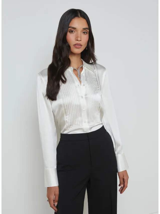 L'Agence Divya Silk Tux Shirt in White