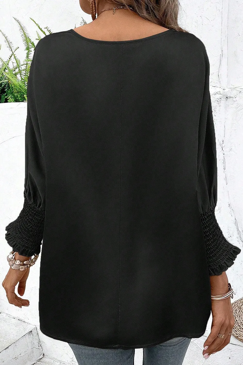 Luciana Shirred Dolman Sleeve Satin Blouse - Black
