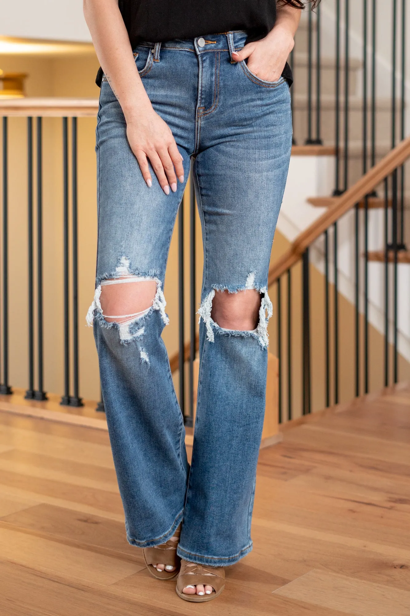 Maeve Mid Rise Distressed Flare Regular & Plus Sizes