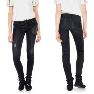 Maje Patchy Black Suede Leather Denim Jeans size 40