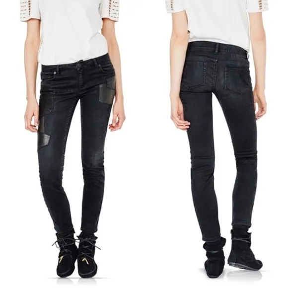 Maje Patchy Black Suede Leather Denim Jeans size 40