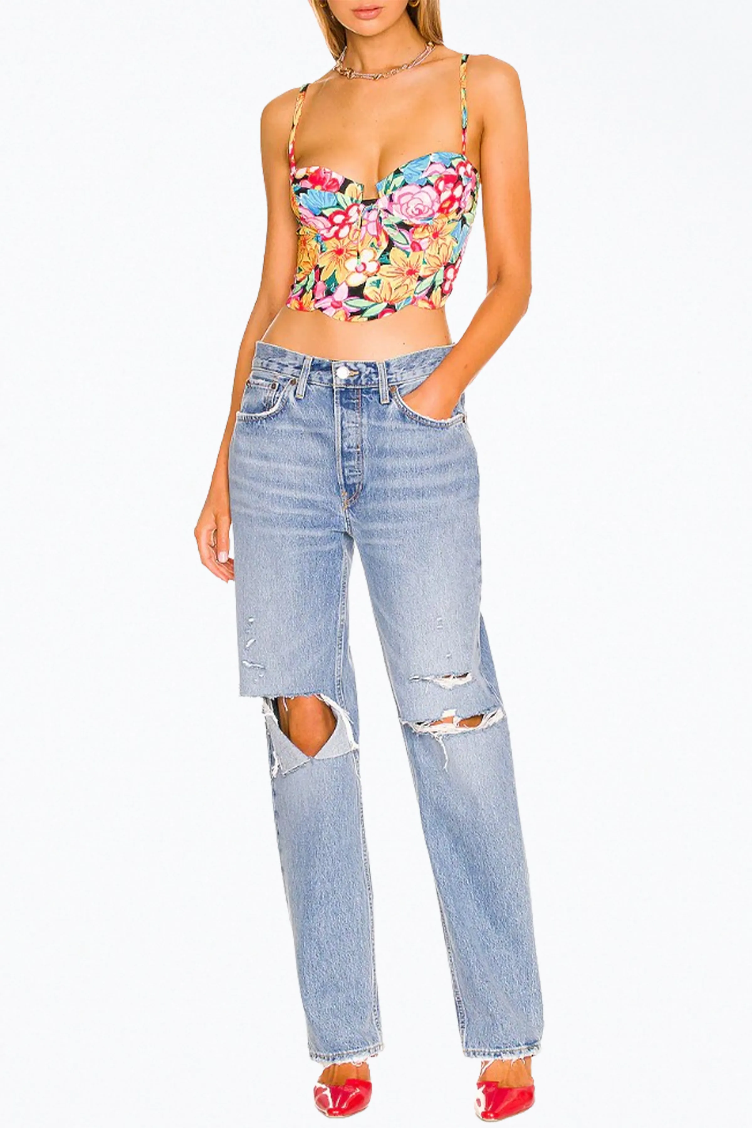 MALLORY FLORAL-PRINT BUSTIER SATIN TOP