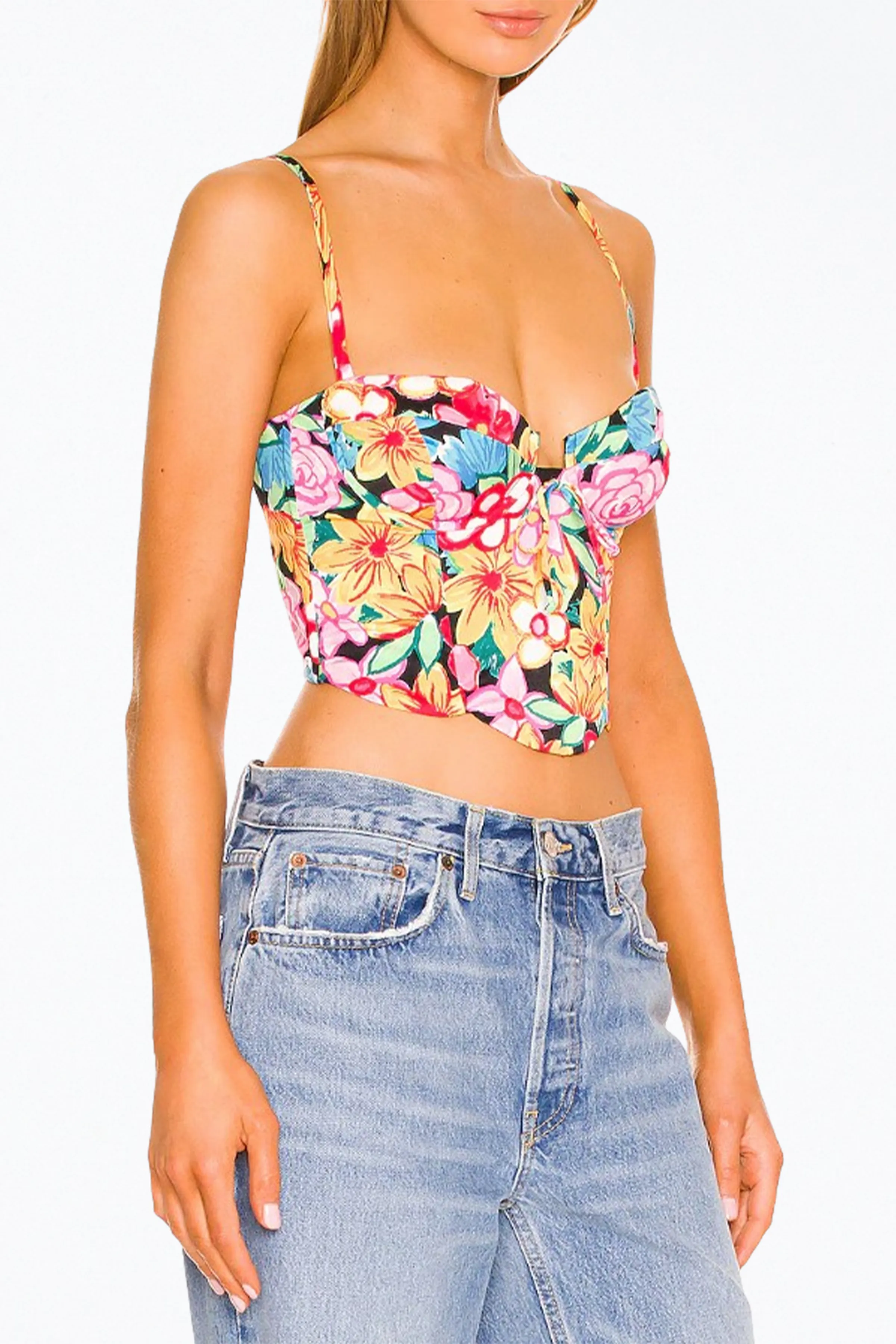 MALLORY FLORAL-PRINT BUSTIER SATIN TOP